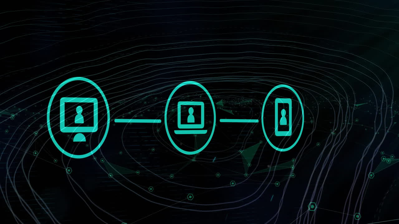 Animation of communication media network over contours and connections on black background