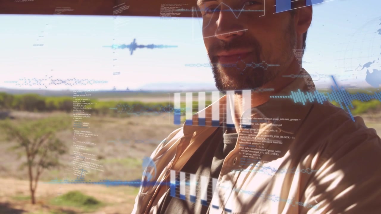 Camera pulling back, HUD charts appearing and drifting as man revealing smile, visualizing metrics
