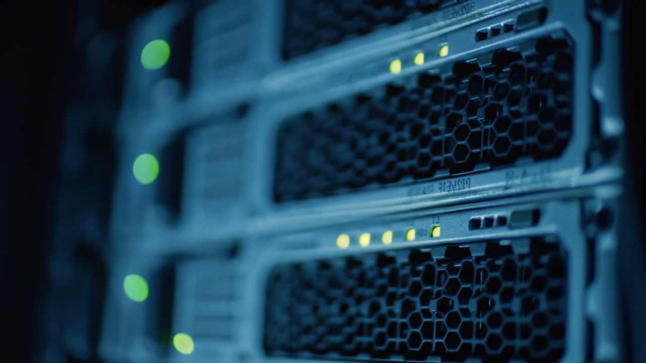 This video showcases the intricate operations of server technology within a data center during nighttime. Bright indicator lights illuminate the dark space, revealing the complex machinery at work.