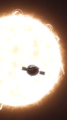 vertical medium establishing shot of a yellow star showing solar prominences and coronal mass ejections being studied by the parker solar probe