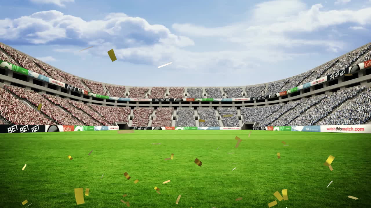 animación de confeti cayendo sobre el estadio deportivo