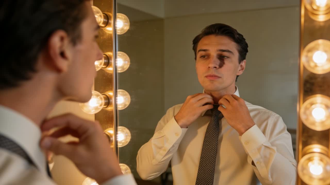 Uomo che si sistema la cravatta grigia a fantasia, stringendola, davanti allo specchio da trucco per una performance, indossando una camicia bianca.