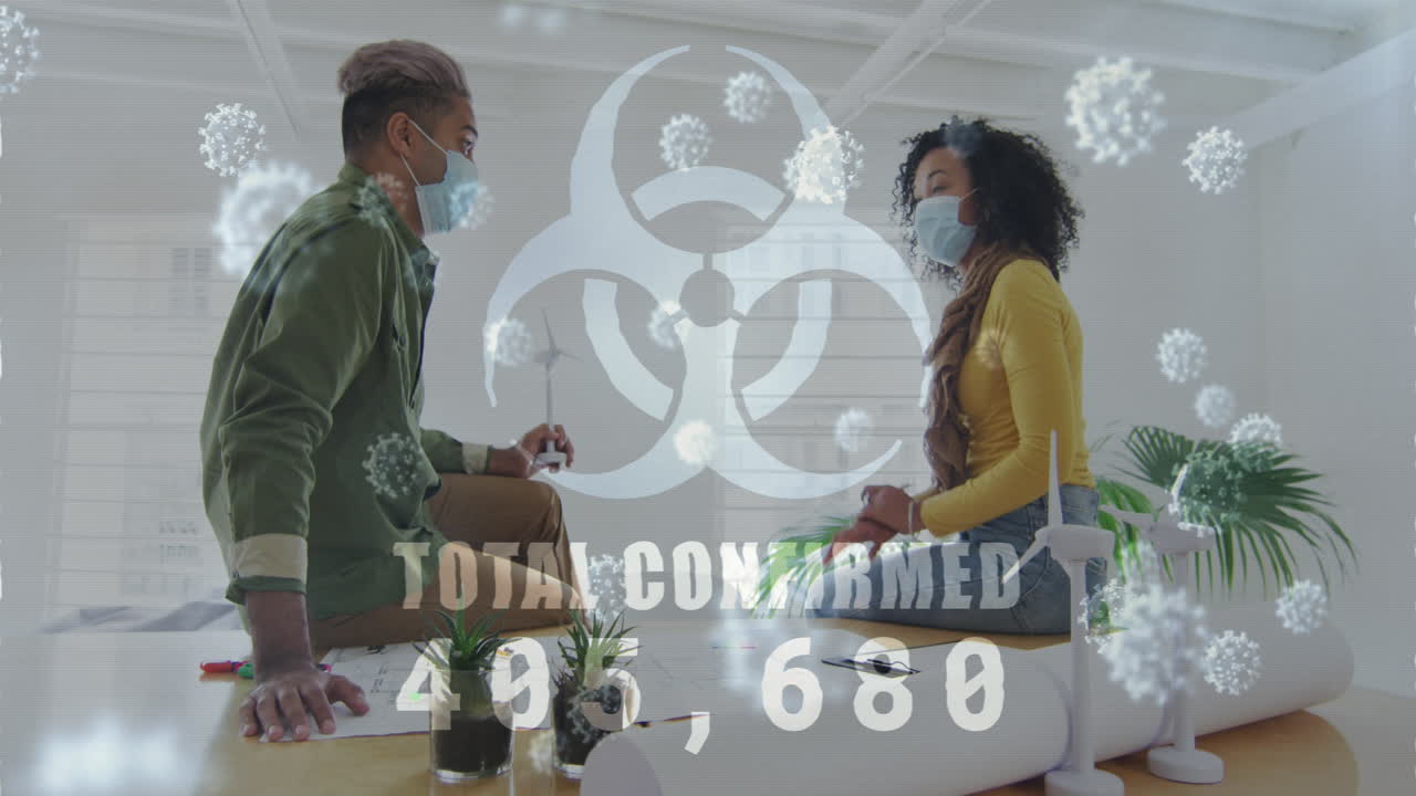 animación de palabras total confirmado con números sobre personas distanciamiento social en la oficina