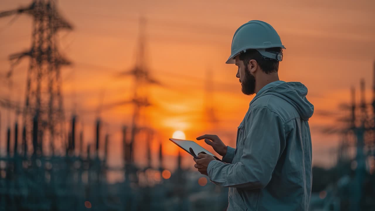 Seorang teknisi bekerja dengan percaya diri saat matahari terbenam, menggunakan tablet untuk memantau dan mengelola sistem kelistrikan, menunjukkan pengelolaan energi modern dalam latar belakang atmosfer yang semarak.