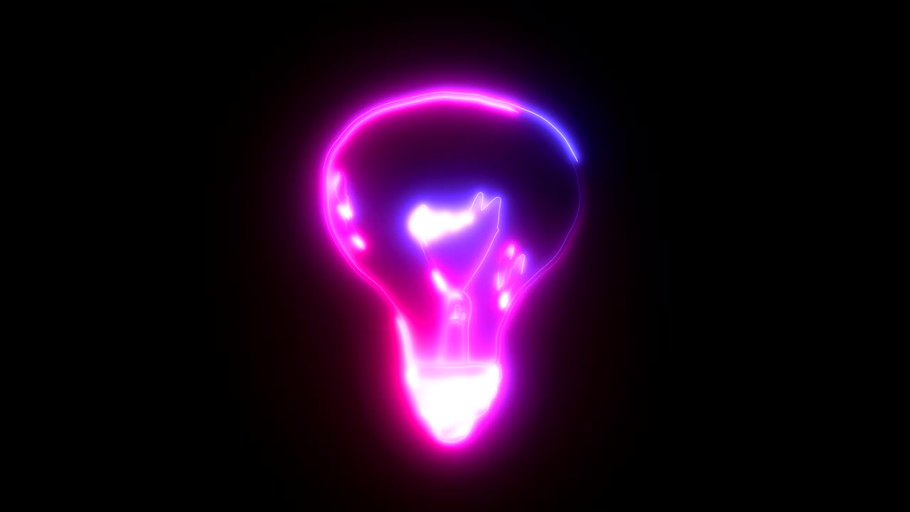 Animación de luz. Letrero rosa neón, parpadeante y brillante, contornos de bombilla, sobre un fondo negro.