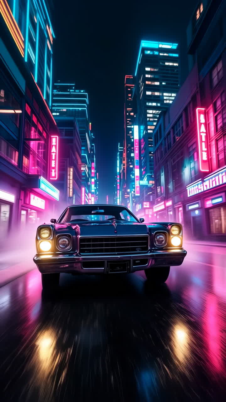 Auto d'epoca che sfreccia in una città cyberpunk al neon di notte