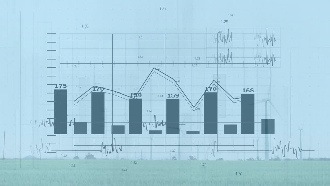 풍력 터빈과 풍경에 대한 금융 데이터 처리 애니메이션