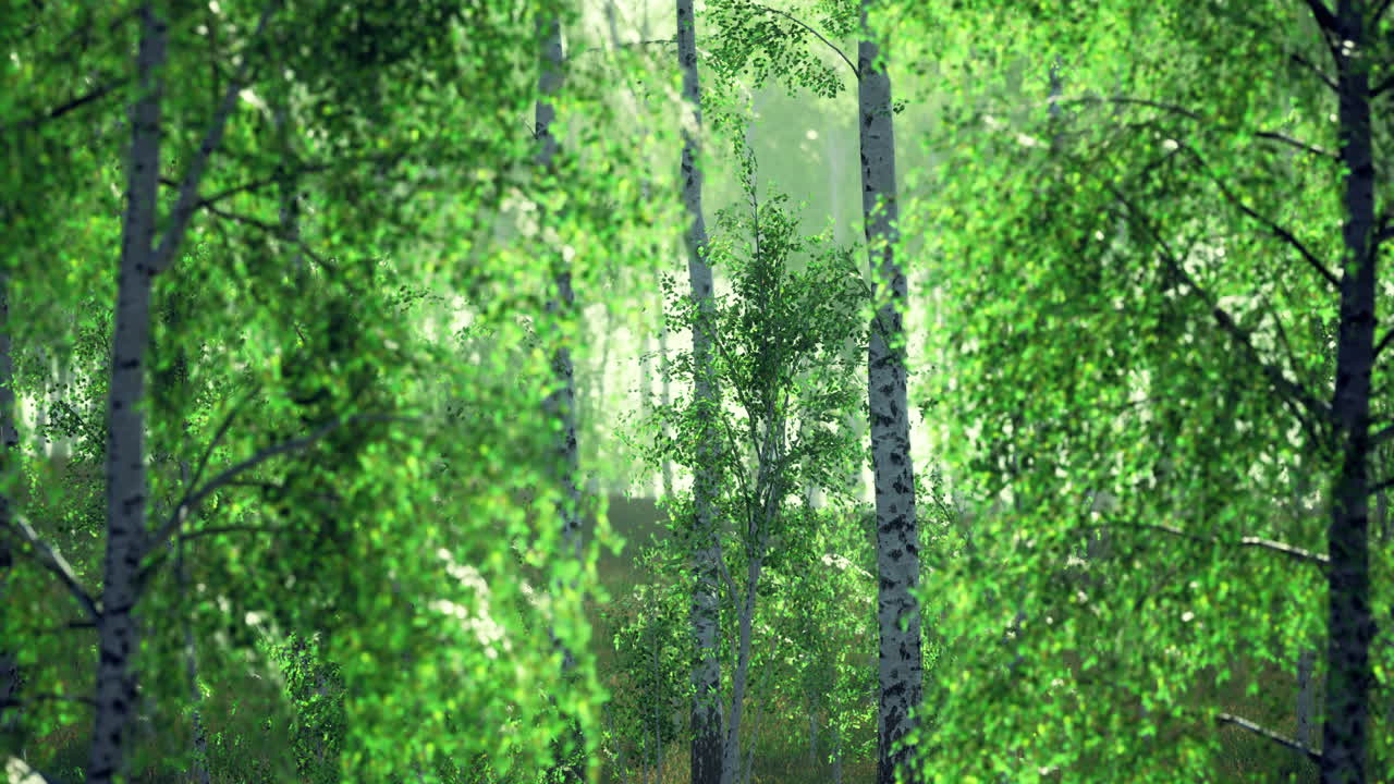Lush green birch trees in a serene forest during morning light
