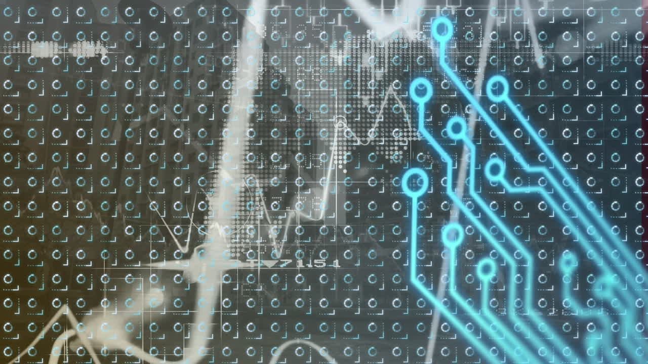 Animation of line graph moving with blue lines over loading circles and charts