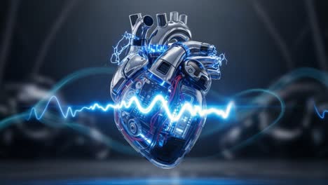 a futuristic digital heart surrounded by electric pulses, showcasing the intersection of technology and human emotion in a sleek, modern design