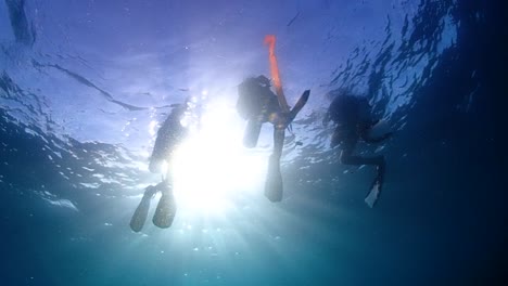 Scuba-divers-floating-on-the-surface-like-silhouettes-with-the-sun-shining-in-the-background
