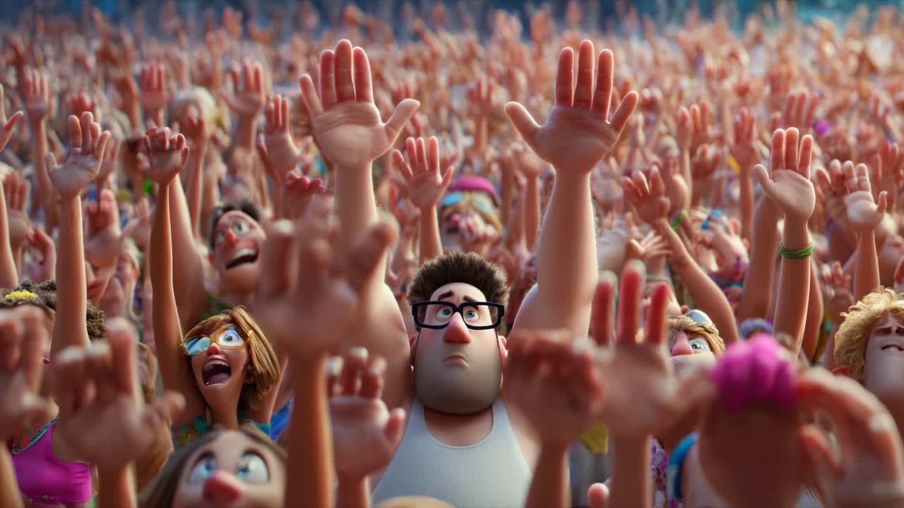 A Vibrant Crowd with Hands Raised in Excitement Captured in Stunning Animation, Portraying Joy, Enthusiasm, and Unity at an Animated Event Full of Life and Expression