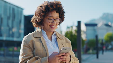 black woman, phone typing and city for campus