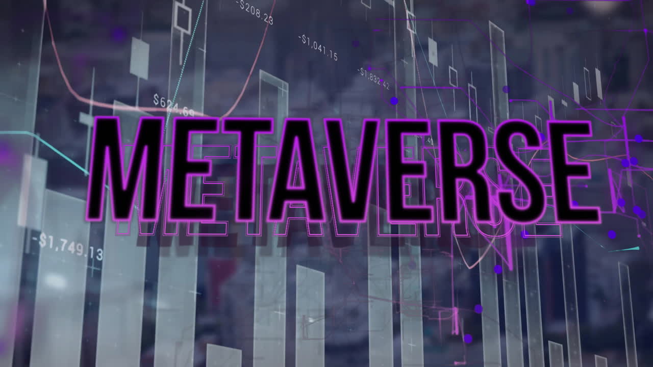 Animation af metaverse-tekst over netværk og databehandling over bybillede.