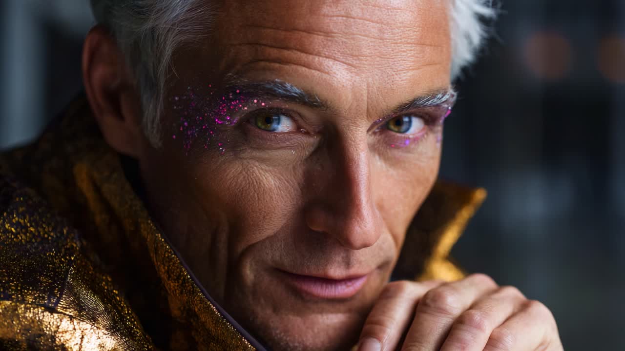 Ritratto artistico di una persona con trucco appariscente e capelli argentati scintillanti, che esprime sicurezza e personalità in un ambiente spettacolare