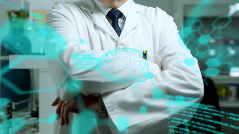 animation of scientific data processing over caucasian male scientist in laboratory