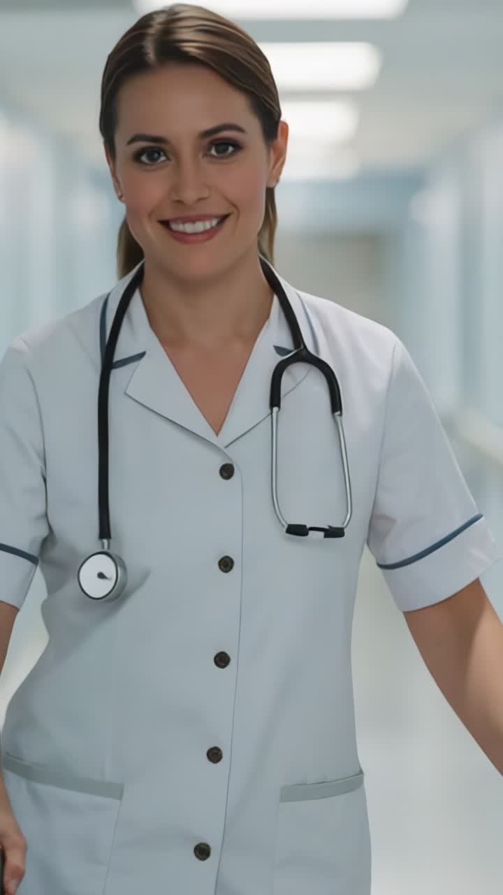Vertical video: Smiling nurse in white tunic pushing cart through hospital hall delivering supplies