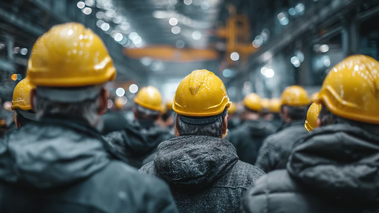 A Group of Workers in Yellow Hard Hats Gather in an Industrial Setting, Focusing on Safety and Teamwork Amidst Powerful Machinery and Bright Lighting