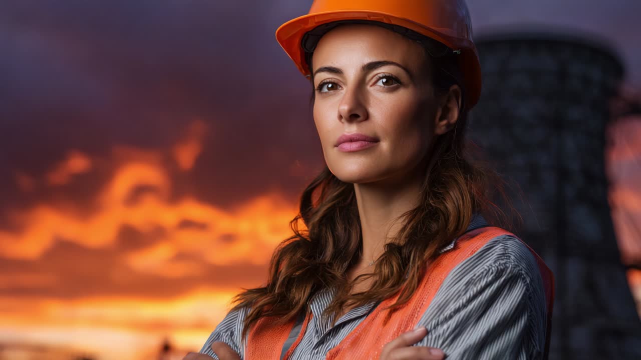 A Resilient Female Worker in a Hard Hat and Safety Vest Looks Toward the Horizon With Determination, Set Against a Dramatic Sunset Background, Exemplifying Strength and Professionalism in the Workplace