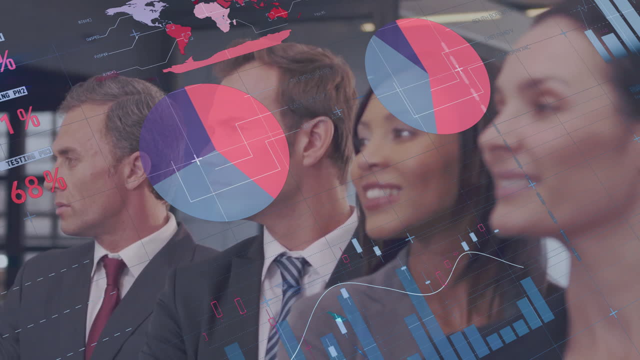 деловые люди в офисе с диаграммами данных и графиками над анимацией