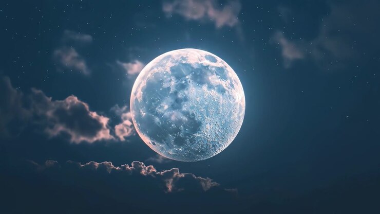 Heller Vollmond mit Wolken und Sternen am Nachthimmel