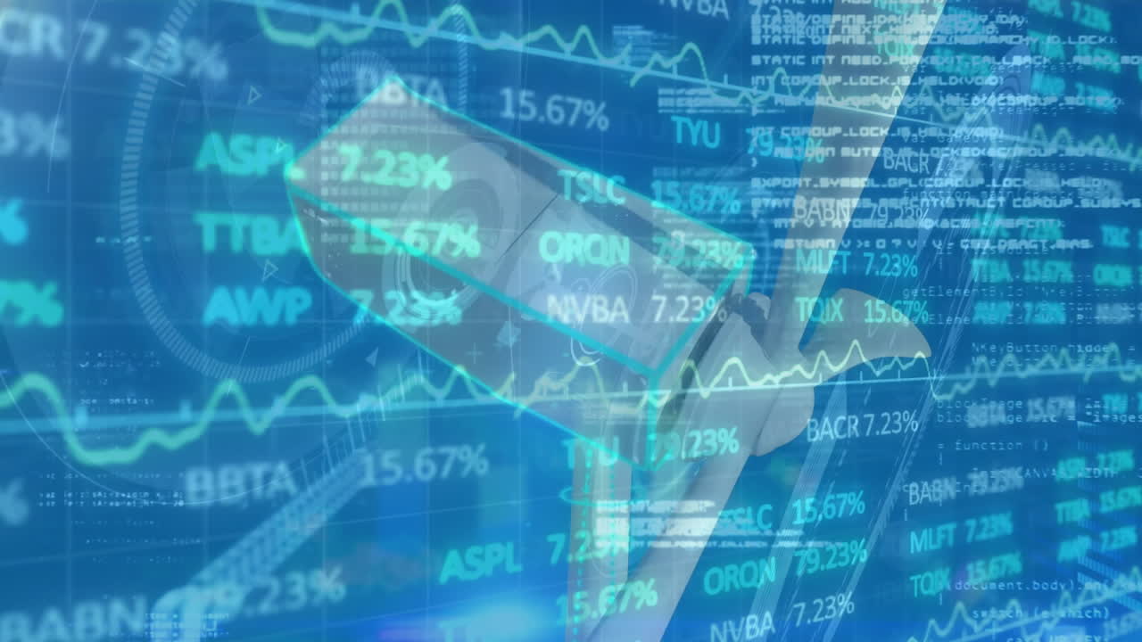 White CCTV camera floating over blue digital interface, displaying stock tickers and code overlays