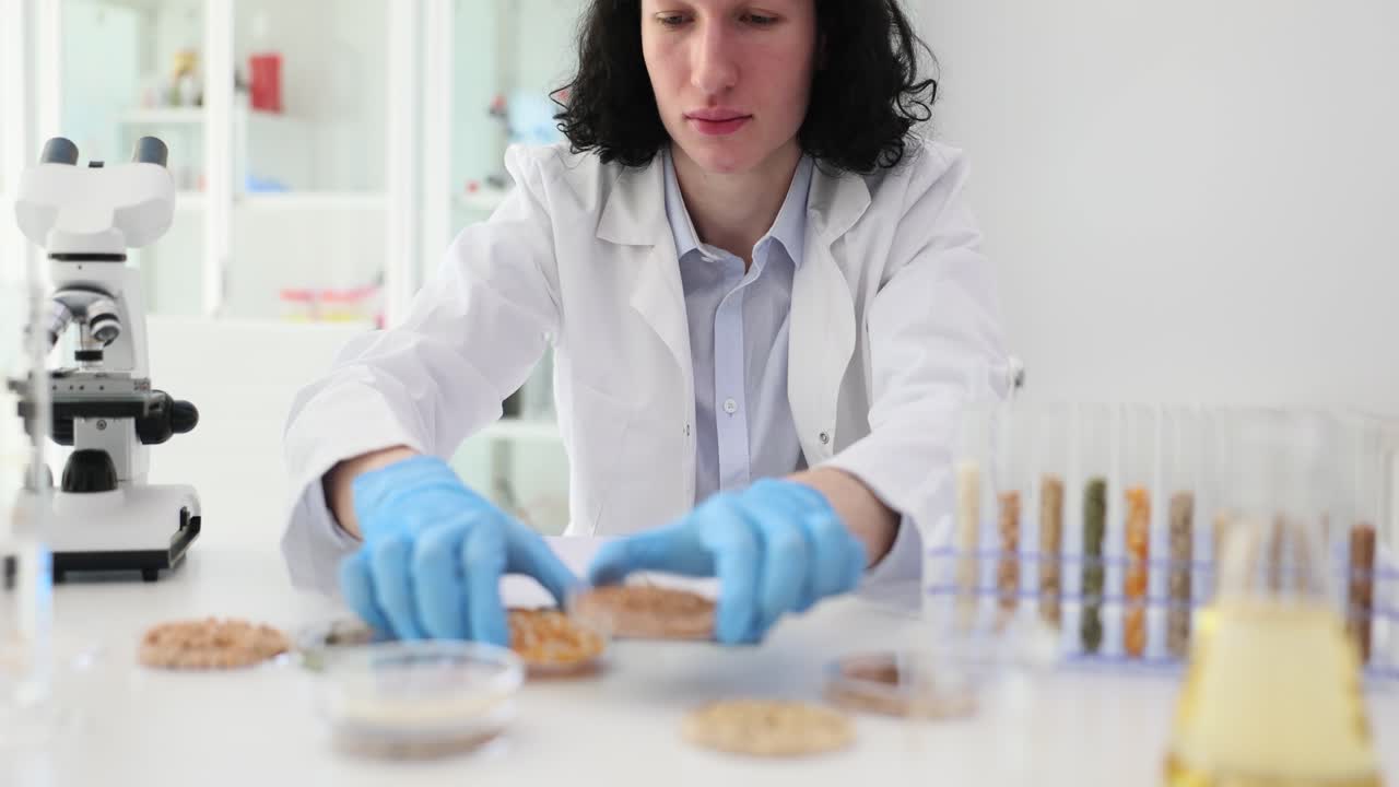 Serious scientist takes petri dish with buckwheat grains