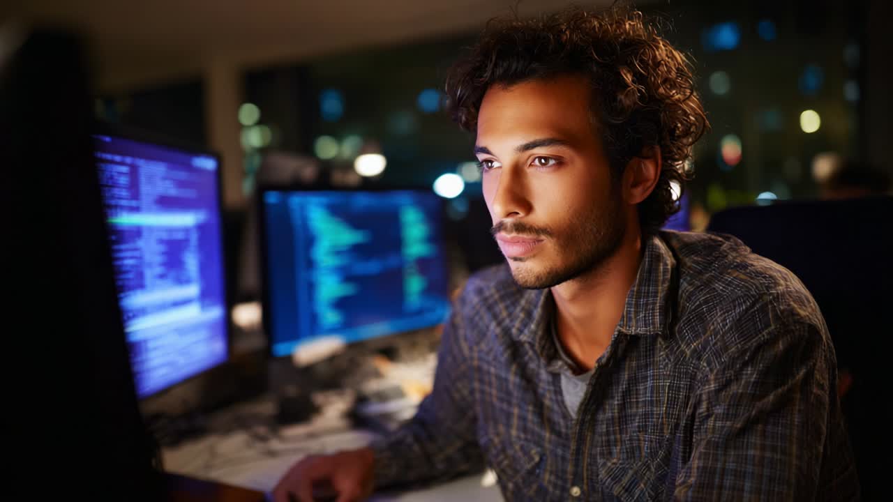 Focused Young Programmer Working Late at Night Surrounded by Multiple Computer Screens Displaying Complex Code and Data in a Dimly Lit Office Environment, Capturing a Moment of Concentration and Problem Solving