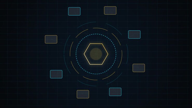 Digital Hexagon Interface with Rotating Data Nodes