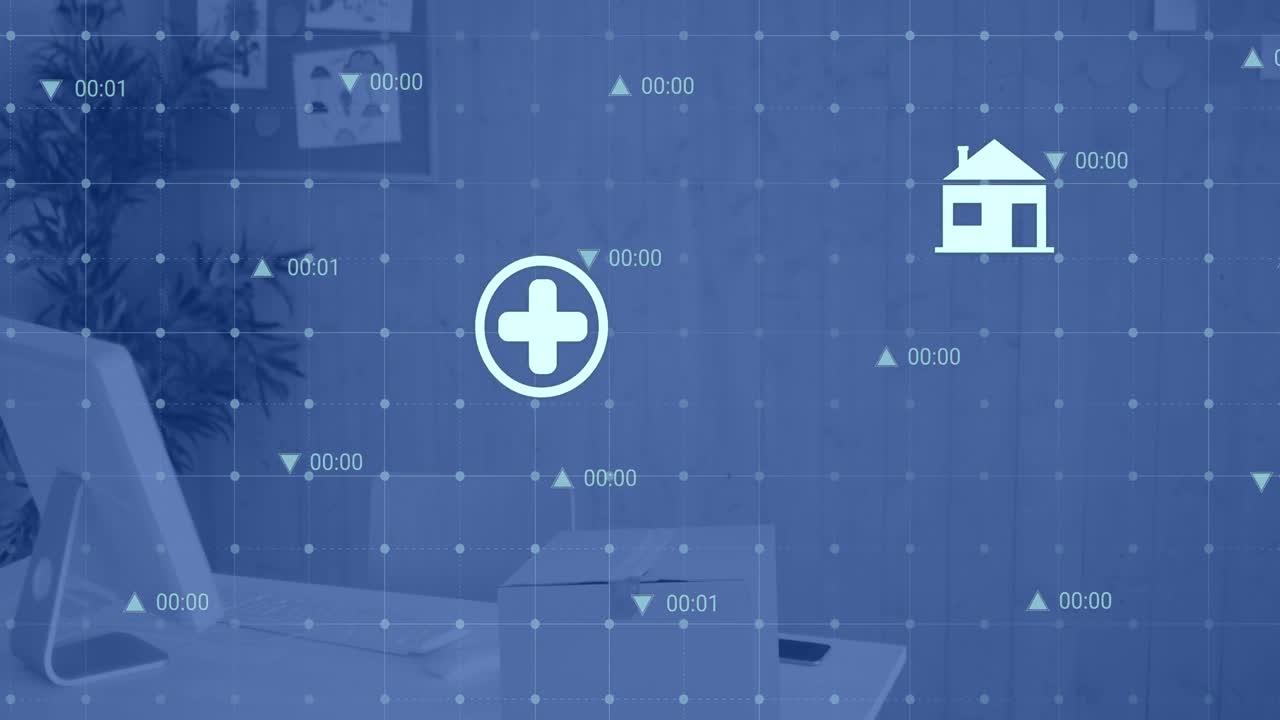 animación de múltiples iconos digitales a través de la red de cuadrícula contra el escritorio de la oficina