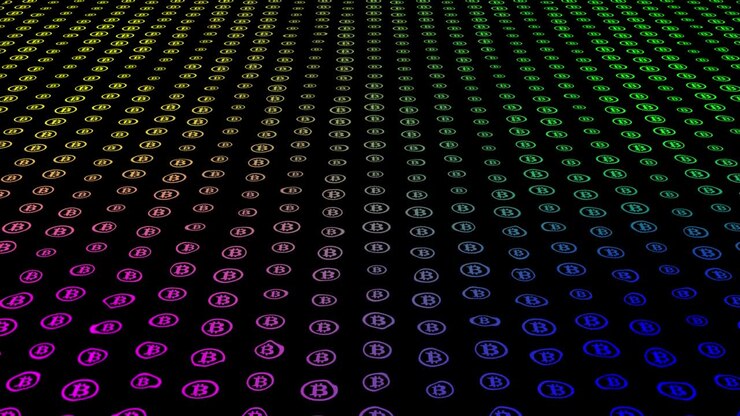 Retro bokeh BTC Bitcoin pattern motion on black background animation seamless loop, technology concept