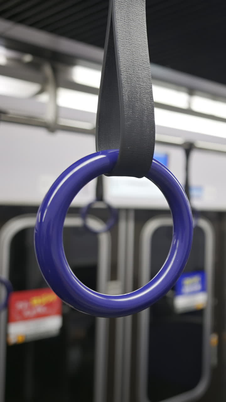 Discovering the unique public train in Kyoto Japan with blue handholds and modern designs