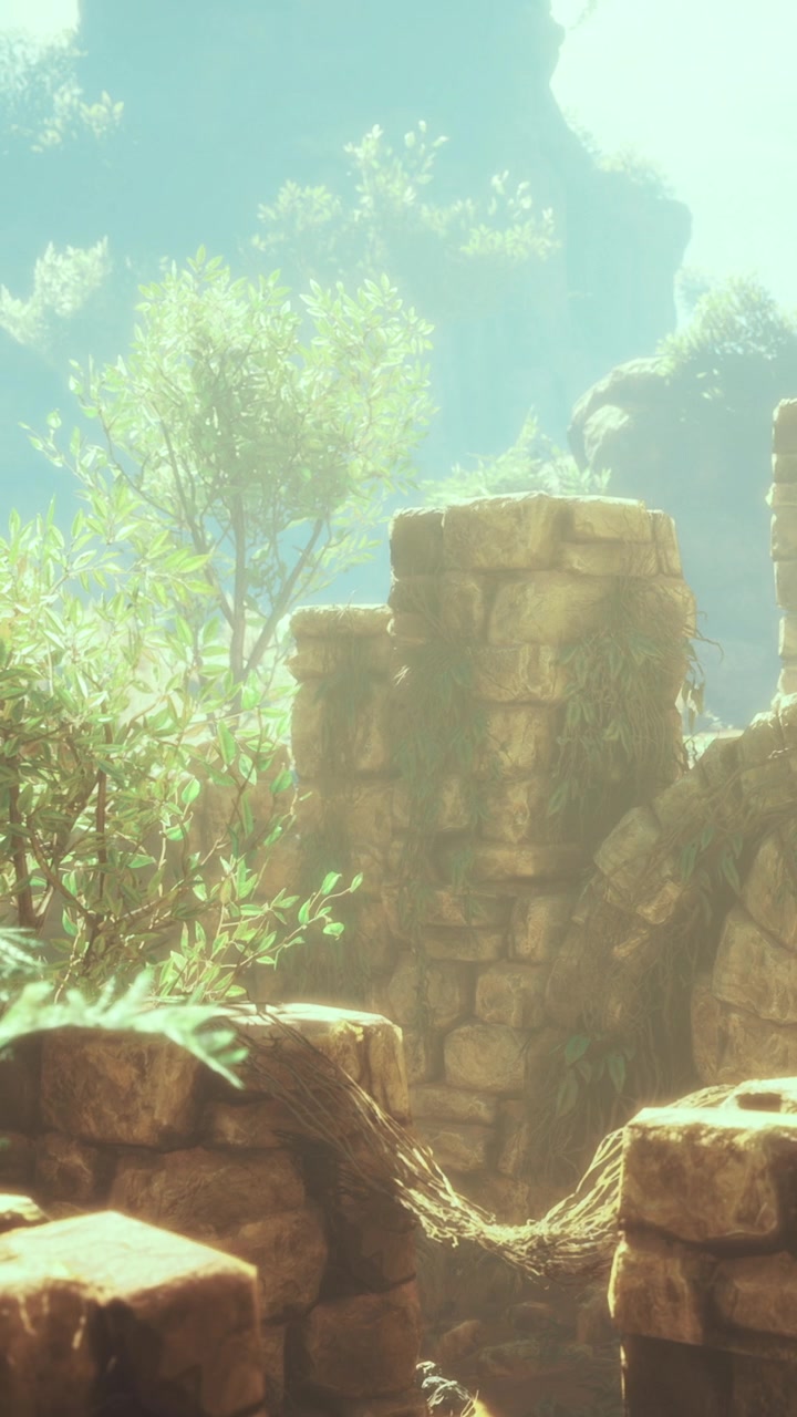 Ruinas misteriosas envueltas en el vibrante abrazo de la naturaleza al amanecer.