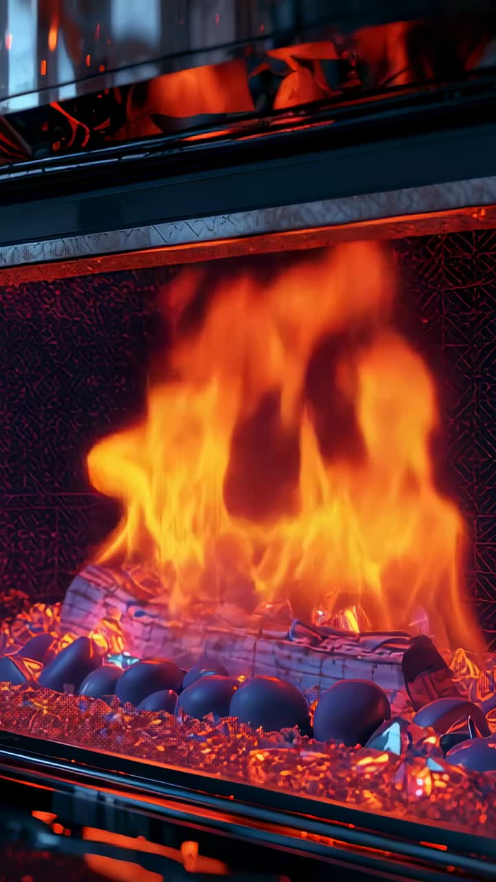 Vertical video: Powering electric insert, flames rising and shifting above ceramic log at home