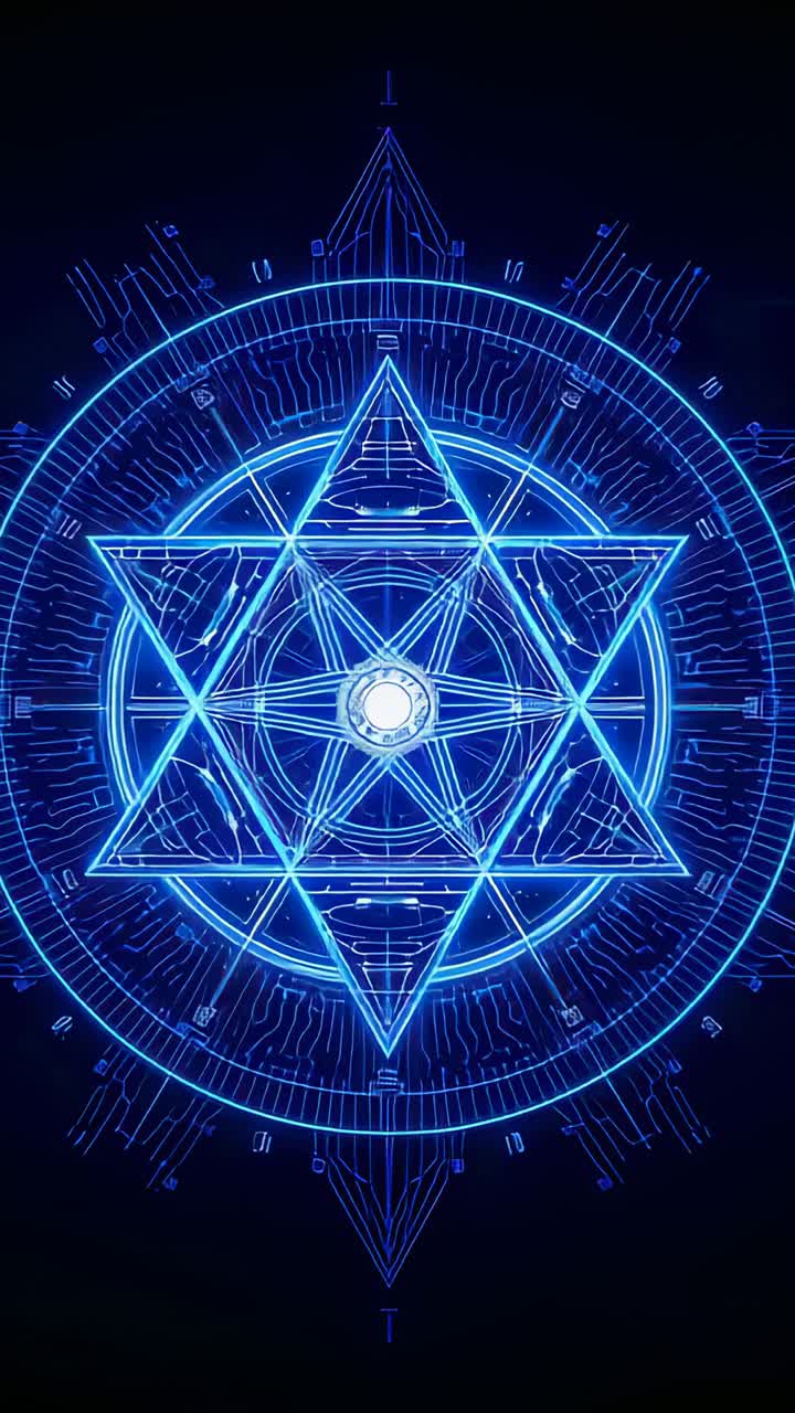 Vertical video: Pulsing orb powering neon hexagram tracing rings on black field with circuit ticks