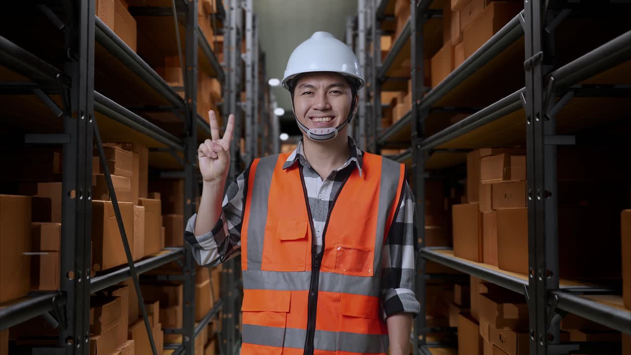 ingeniero masculino asiático con casco de seguridad de pie en el almacén con estantes llenos de mercancías de entrega. sonriendo y mostrando un gesto de paz en el almacenamiento