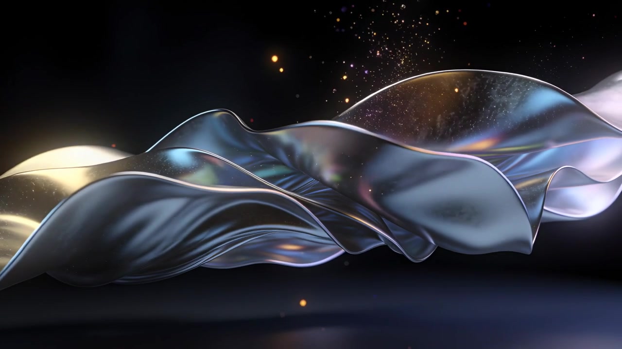 Point lights shifting metallic ribbon rippling, flattening across studio, showing color and sparks