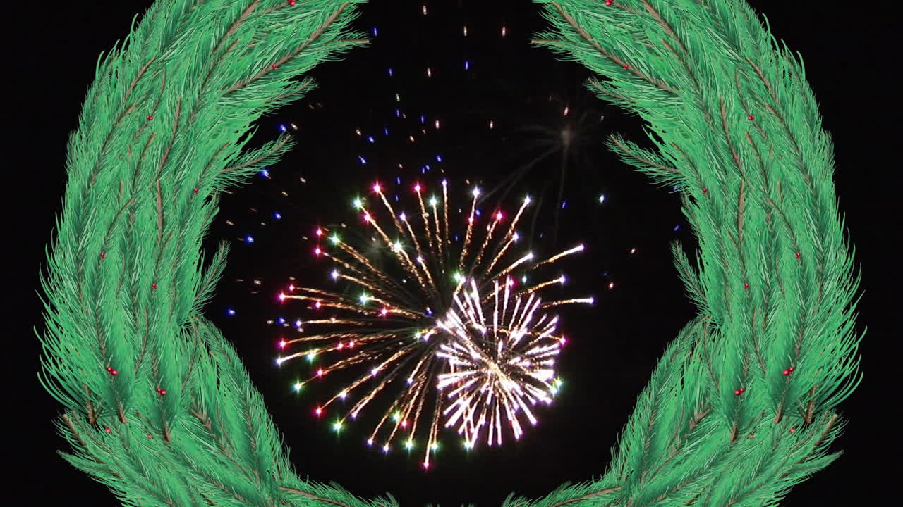 animación de muérdago sobre fuegos artificiales sobre fondo negro