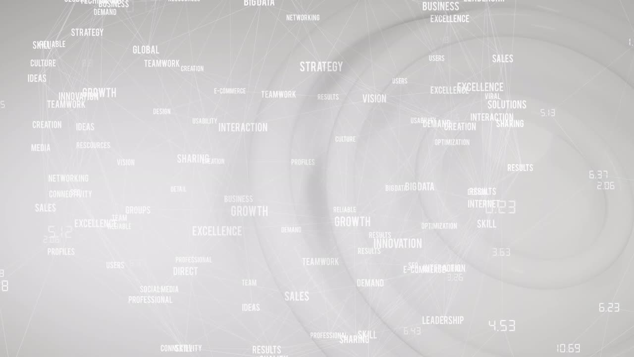 Animation of business text over white 3d circles in background