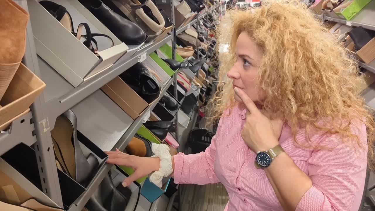 mujer latina con gran cabello rubio y rizado considera su próxima compra de zapatos mientras compra una oferta en un centro comercial