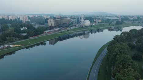 aerial drone shot of krakow poland vistula river at sunrise