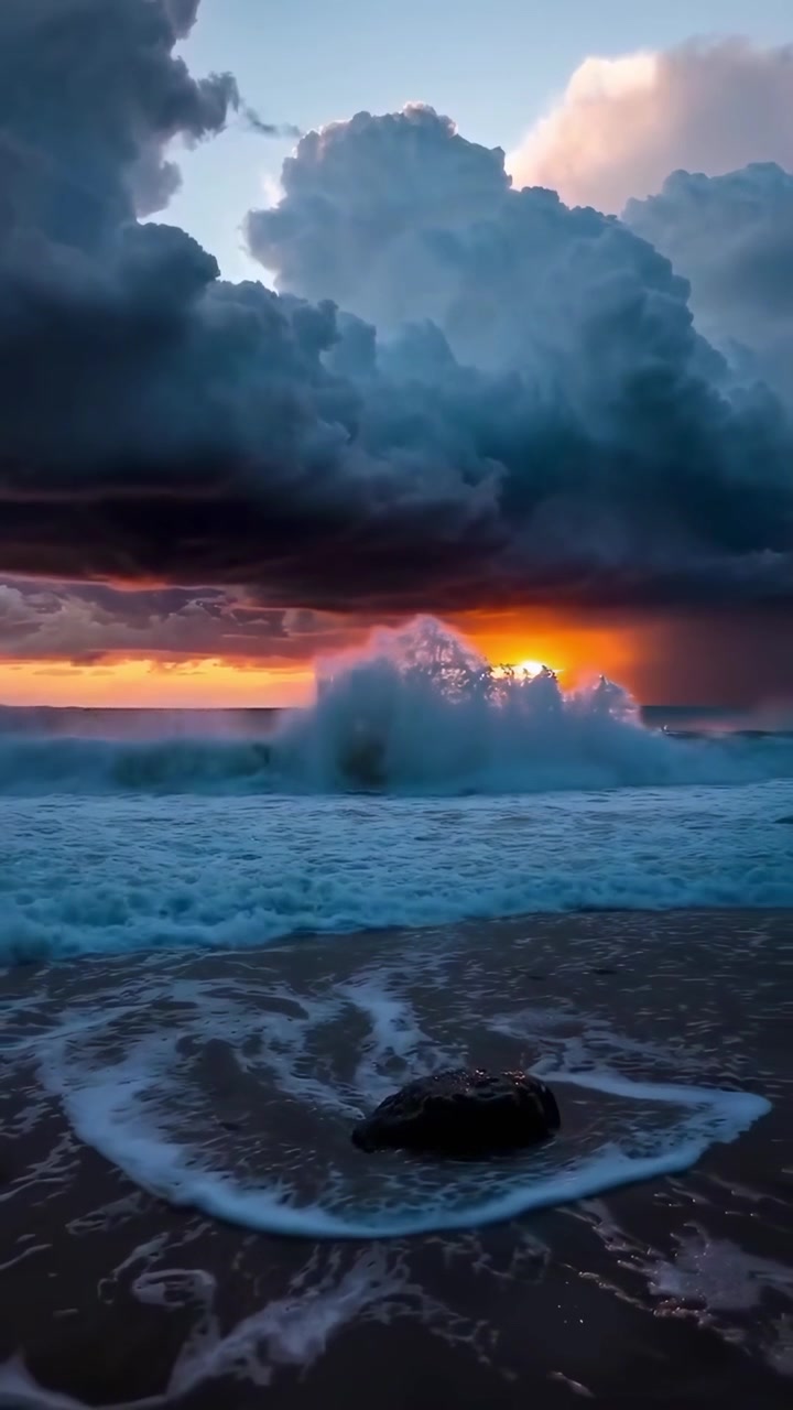Dramatic Ocean Waves Crashing on Beach During a Vibrant Sunset