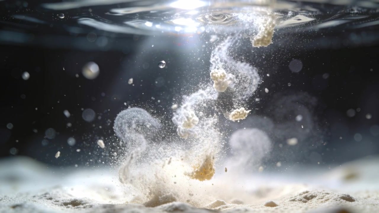 Bolle di gas che salgono sollevando sedimenti sabbiosi dal fondo in un pennacchio a cavatappi in un serbatoio, con il riflesso della superficie.
