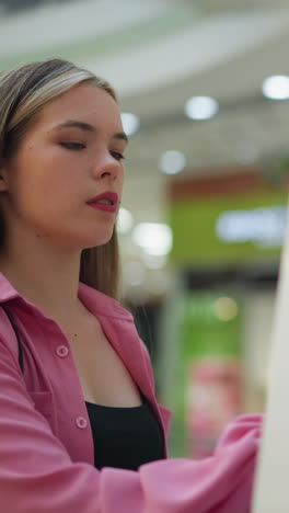 dama de vestido rosa intensamente centrada en su tarea, usando una pantalla en un centro comercial bien iluminado, se puede ver a la gente en el fondo en una escalera mecánica, con luces borrosas y otros elementos en el fondo