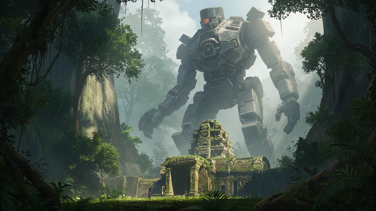 A colossal robotic guardian looms over ancient temple ruins, surrounded by lush greenery and encased in a mysterious jungle environment filled with vibrant, dynamic nature