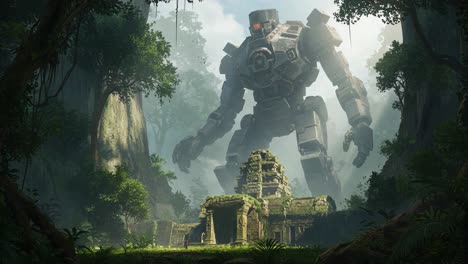 a colossal robotic guardian looms over ancient temple ruins, surrounded by lush greenery and encased in a mysterious jungle environment filled with vibrant, dynamic nature