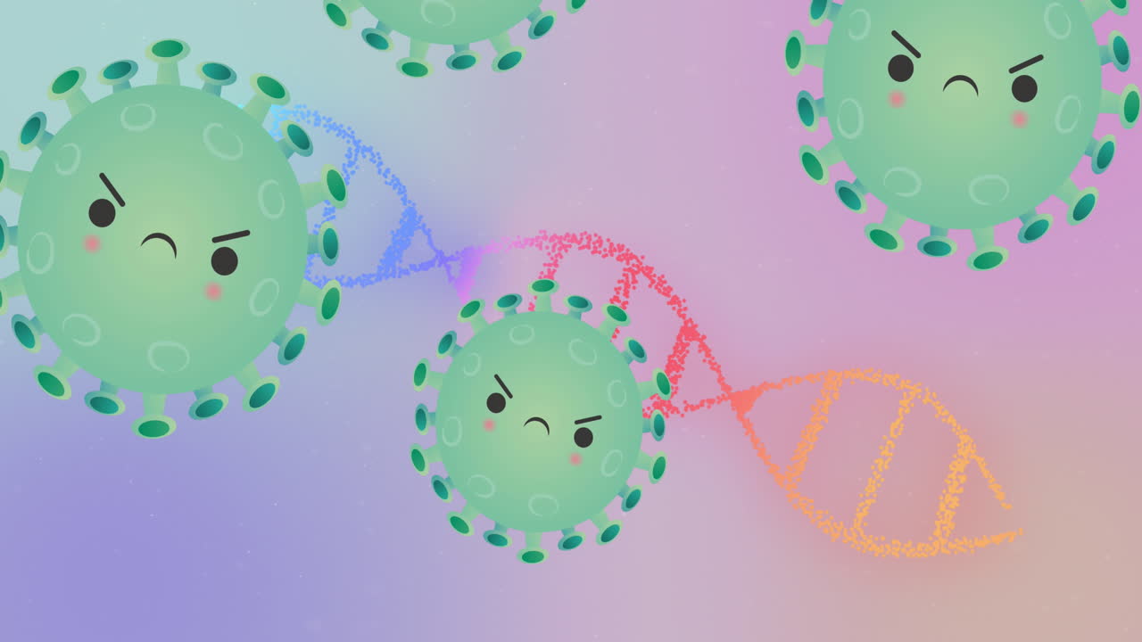분노한 코로나 19 세포가 움직이고 dna 가닥이 회전하는 애니메이션
