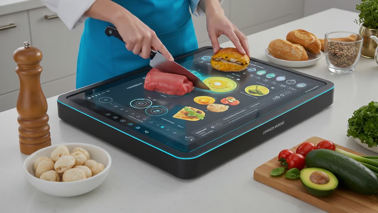 Innovative Smart Cooking Device: A Chef Prepares Delicious Meals with Cutting-Edge Technology and Interactive Features for Enhanced Kitchen Experience