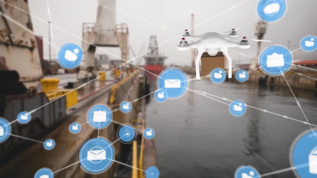 animación de drone con caja de cartón y red de conexiones con iconos sobre el puerto.