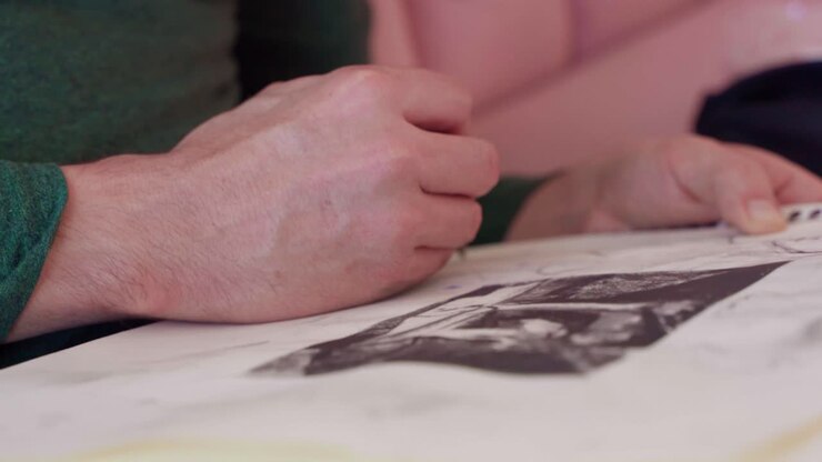 Primo piano estremo della mano di un artista che disegna un'immagine su un blocco da disegno con una matita